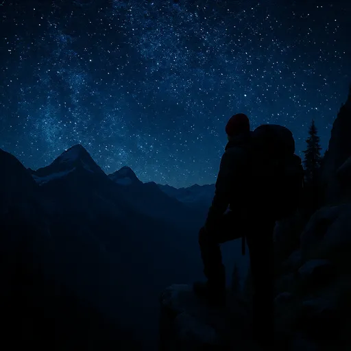 Prompt: A hiker wearing a backpack stands on a cliff he has ascended, with a night sky full of stars and night skyline of Rocky Mountains and pine trees in the background.