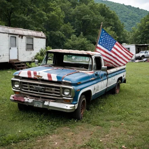 Prompt: Pickup truck in a yard tattered American flag trailer home in West Virginia