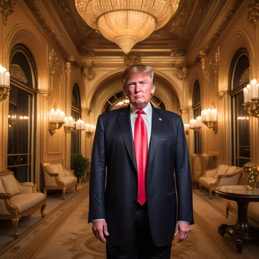 Prompt: Donald Trump holding a memecoin, dressed in a tailored suit, standing confidently in the opulent Mar-a-Lago interior, vibrant gold accents filling the space, warm nostalgic lighting casting soft shadows, the rich elegance of the location enhancing the dramatic atmosphere, photorealistic, ultra-detailed, high definition, showcasing expression of authority and humor in his pose. <<THE_MARKER>> 