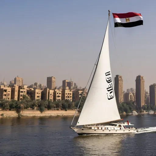 Prompt: Yacht flying the Egyptian flag in the Nile River passing Cairo Zamalek neighborhood's shoreline landmarks.