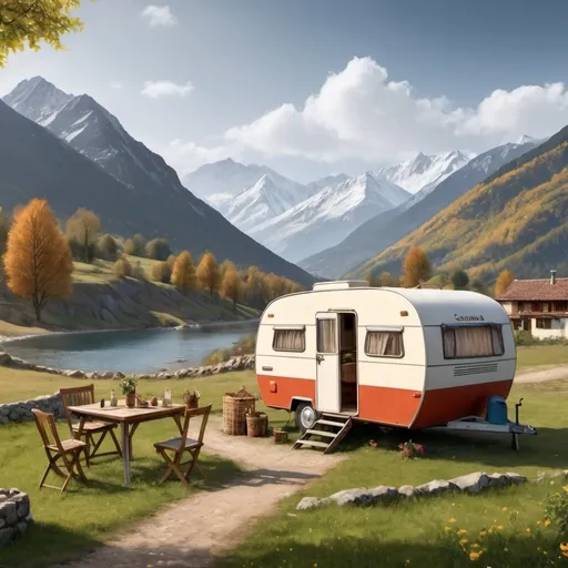 Prompt: Please create a romantic atmosphere in the attached photo. It preserves the characters, the caravan and the mountains exactly in the photo.