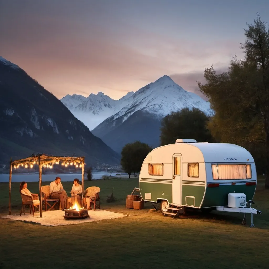 Prompt: Please create a romantic atmosphere in the attached photo. It preserves the characters, the caravan and the mountains exactly in the photo.