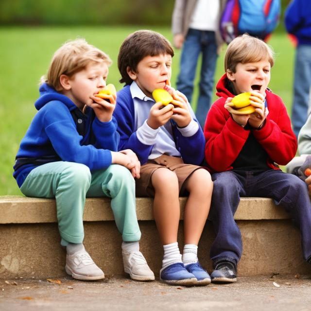 Prompt: Kids at school during lunchtime 
And eating fruit

