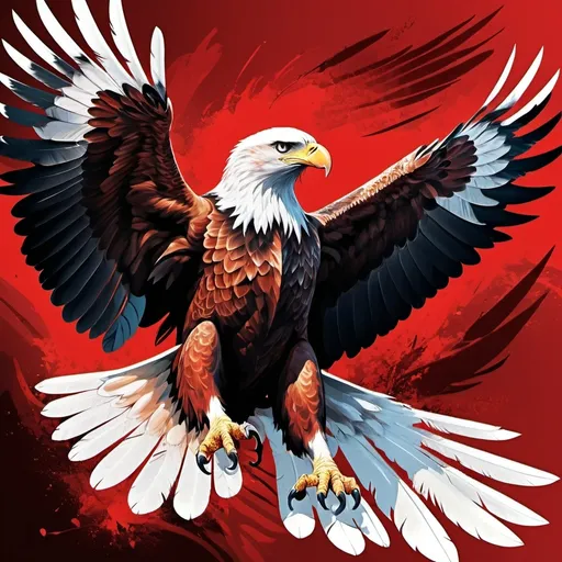 Prompt: (accurately spelled text "tkP"), fierce dashing eagle bird, red and white theme, powerful stance, sharp feathers, dynamic motion, vivid contrasting colors, dramatic wings spread wide, bold representation of freedom, striking background to enhance the eagle's intensity, symbolizing strength and determination, high quality, ultra-detailed, modern and impactful design.