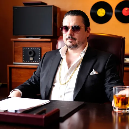 Prompt: A realistic portrait of a sleazy record executive in his office. He’s a extremely heavyset, middle-aged white man with slicked-back, slightly greasy hair and a smug, confident expression. He wears an expensive but gaudy suit — open collar, gold chain, and tinted sunglasses. The setting is a luxurious but cluttered music executive’s office: leather chair, mahogany desk with scattered contracts, a glass of whiskey, and gold or platinum records hanging on the wall behind him. The lighting is warm and moody, creating a slightly shady, indulgent atmosphere. The image should look like a high-quality cinematic photo with rich textures and lifelike detail.