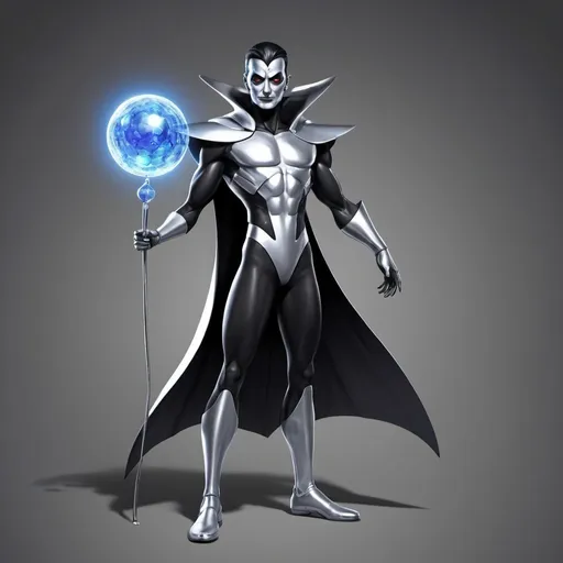 Prompt: make me a computer-generated image or sketch of a villain based on the unique physical and chemical properties of the element Mercury.  Their costume should incorporate the element symbol.