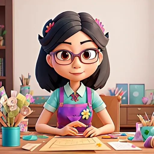 Prompt: Asian woman with  eyeglasses, cutting up paper flower bouquets on her crafting table full of different paper flowers.