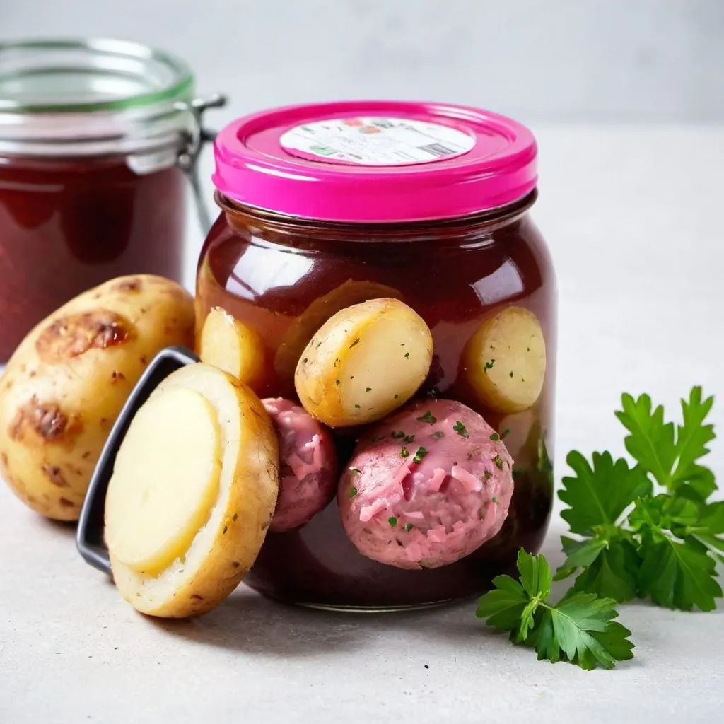 Prompt: CUTLET JAM IN A JAR. THE JAM COLOR IS PINK. CUTLET IS MADE OF MINCED MEAT AND POTATO MIXED 
