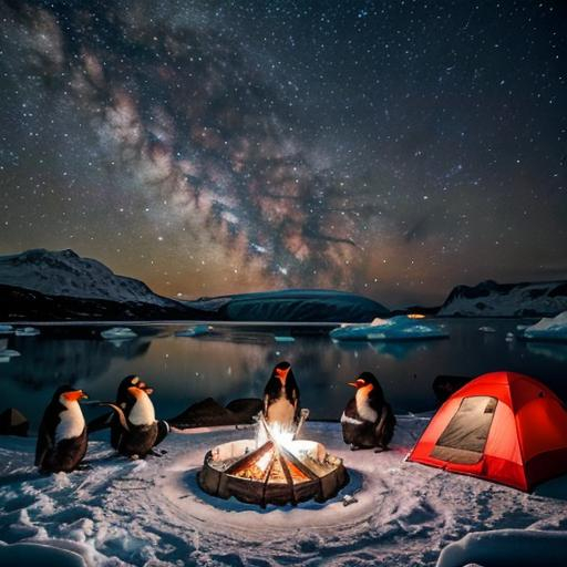 Prompt: <mymodel>Penguins camping on iceberg, digital painting, snowy landscape, high quality, detailed, realistic, cute, natural lighting, cool tones, cozy campfire, starlit sky, icy textures, peaceful atmosphere