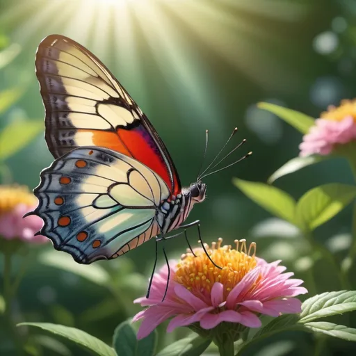 Prompt: photorealistic image of (a delicate butterfly), showcasing intricate wing patterns, vivid colors, and fine details, softly perched on a vibrant flower, enriched with cool, natural lighting, featuring a serene background of lush greenery and gentle sunlight, emphasizing the butterfly's elegance and fragility, 4K, ultra-detailed, tranquil atmosphere.