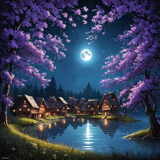 Prompt: A village near a crystal clear lake in moon lit night near a forest with purple flowered trees. 