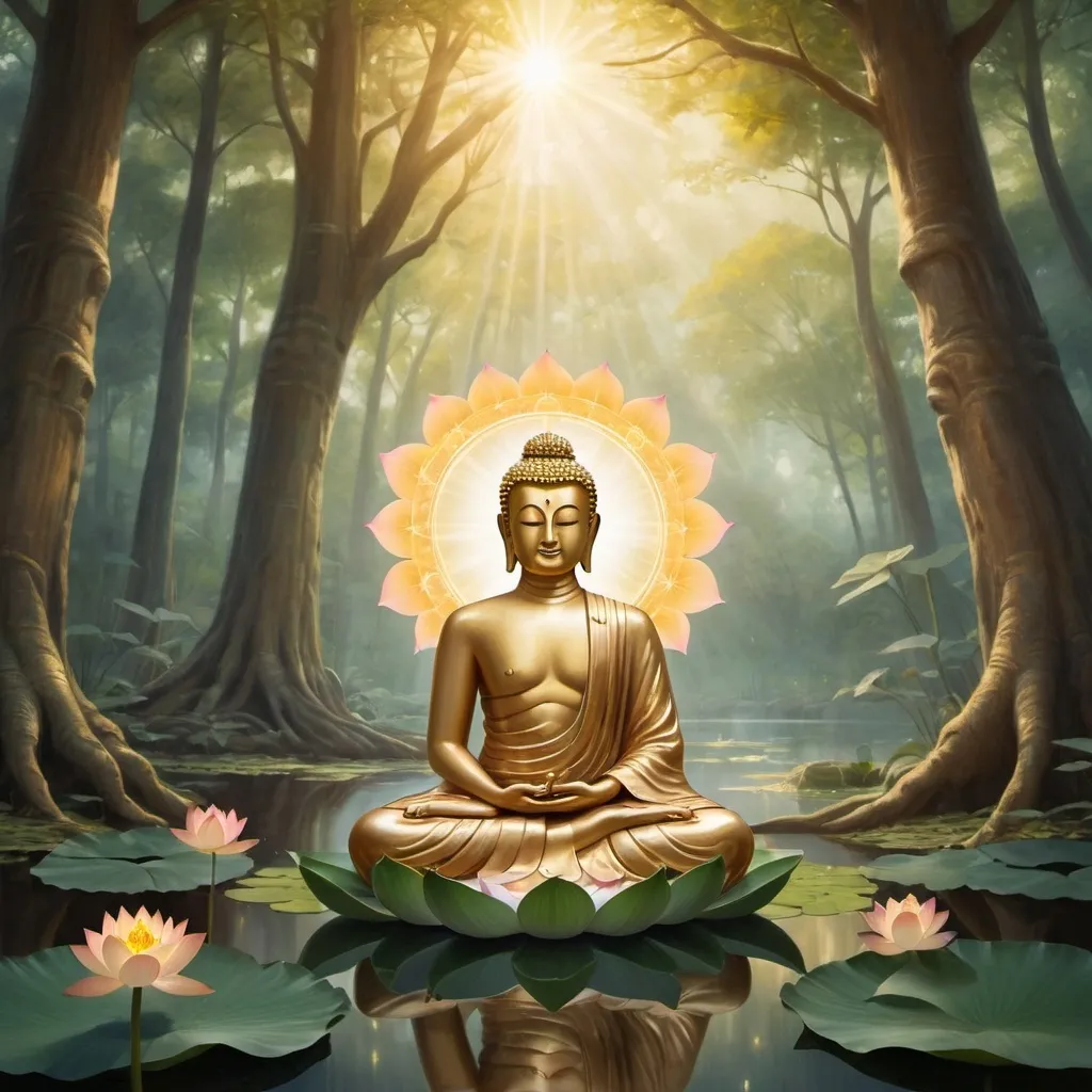 Prompt: A serene depiction of a golden Buddha seated on a large lotus flower, radiating a warm glow. A monk sits cross-legged in front, meditating in a tranquil forest setting. Surrounding trees are ethereal, adorned with glowing leaves, enhancing the peaceful atmosphere. The background features a luminous halo behind the Buddha, symbolizing enlightenment and serenity.