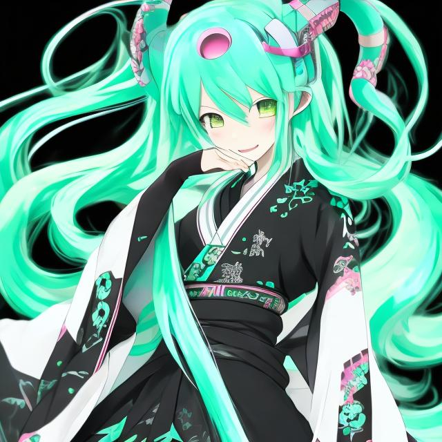 Prompt: Anime dragon Hatsune Miku in traditional kimono and neon-green hair and black scales