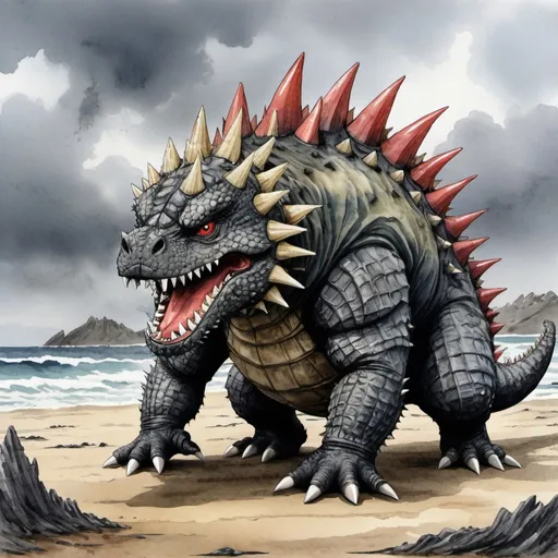 Prompt: water color Anguirus on a desolate wasteland island with rough seas and dreary clouded skies