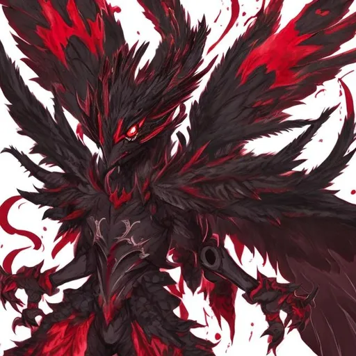 Prompt: anime yveltal garuda hybrid boy with reddish-black crystalline armor and all blood red eyes