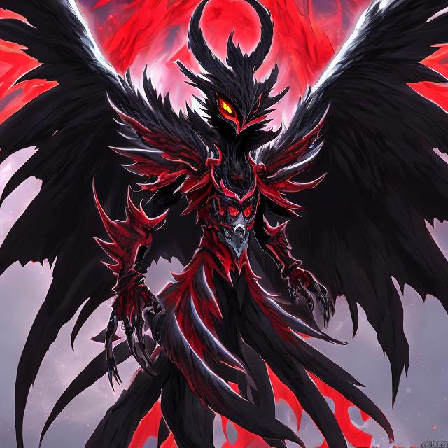 Prompt: anime yveltal garuda hybrid boy with reddish-black crystalline armor, all blood red eyes, and a very large crescent moon sickle