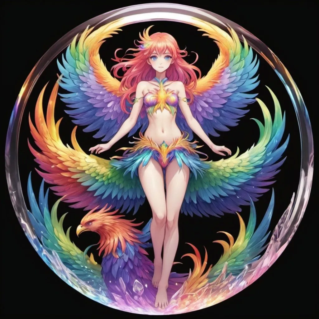 anime style round thick rainbow crystal phoenix girl...