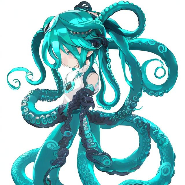 Prompt: Kraken Hatsune Miku with long ribbon tentacles and stylized tentacle hair