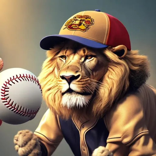 Prompt: A lion wearing a baseball cap and a baseball mit, realistic