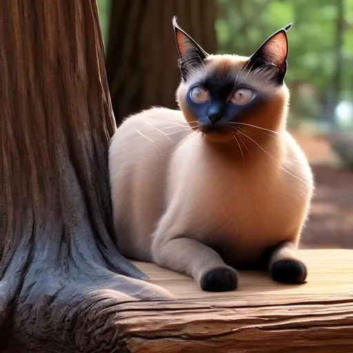 Prompt: A siamese cat resting on a redwood table, realistic