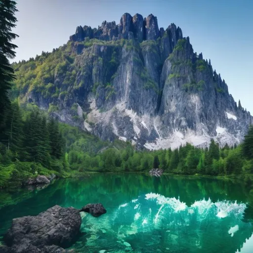 Prompt: a rugged basaltic mountain peak behind a magical forested area with a crystal clear lake
