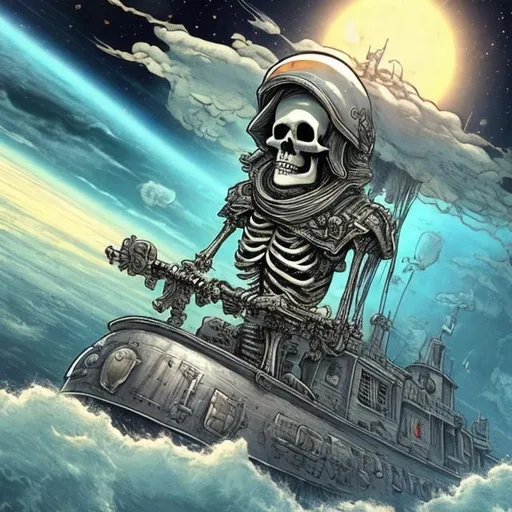 Prompt: super detailed skeleton military captain sailing a ghost submarine in space