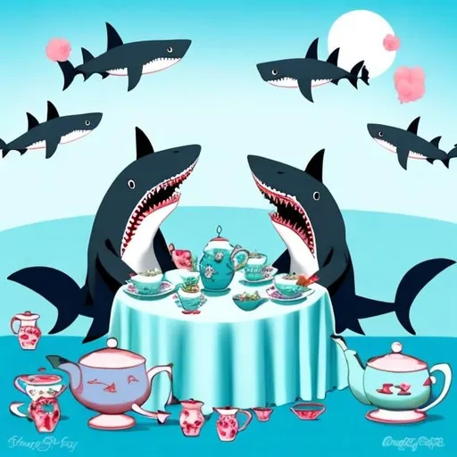 Prompt: sharks having a tea party