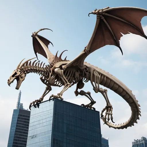 Prompt: giant skeletal wyvern atop a skyscraper