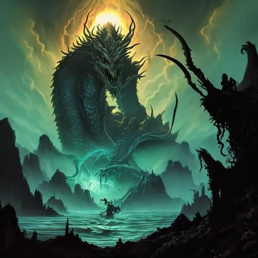 Prompt: Shadows of man encroach upon the dragon's lair! Die! Be drowned in darkness as I condemn humanity to despair! At the edge of the horizon lies the light that burns the sky!!
