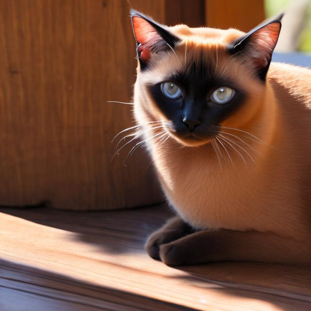 Prompt: A siamese cat resting on a redwood table