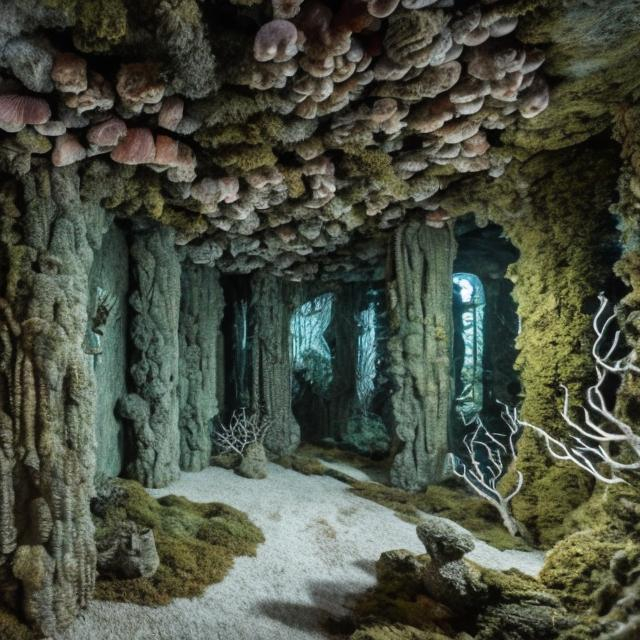 Prompt: a mossy crystal cave with fossils of sea creatures in the walls