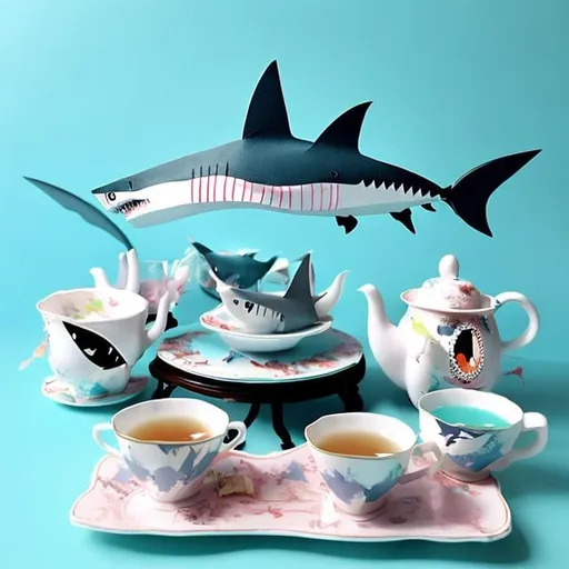 Prompt: shark tea party
