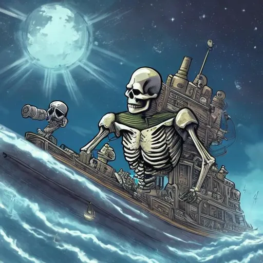 Prompt: super detailed skeleton military captain sailing a ghost submarine in space