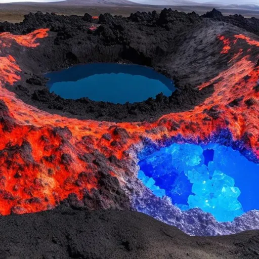 Prompt: a jagged volcanic caldera filled with bizarre crystals and blue lava