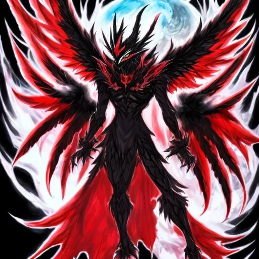 Prompt: anime yveltal garuda hybrid boy with reddish-black crystalline armor, all blood red eyes, and a very large cresent moon sickle