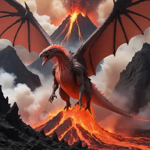 Prompt: anime Rodan emerging from a volcano dripping lava down onto the slopes, roaring at the smoke-filled skies