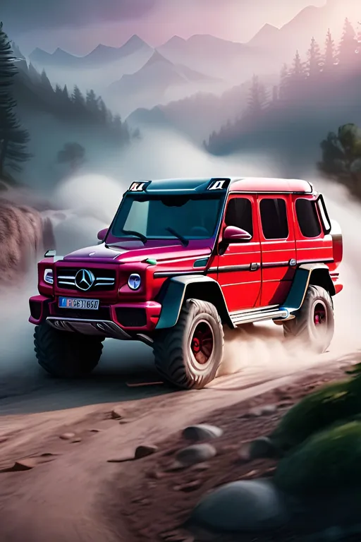 Prompt: Mercedes G-Wagen 6x6 offroading in Valentine's heart-shaped candy paint job, cinematic lighting, hard course, misty background, highres, detailed off-road, cinematic lighting, candy paint job, Valentine's theme, misty atmosphere
