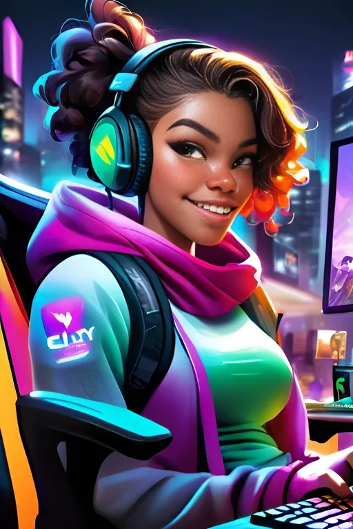 Prompt: Cute black woman playing Call of Duty Mobile on PC, vibrant digital illustration, realistic style, bright and colorful, high-res, detailed gaming setup, joyful expression, modern gaming chair, gaming headset, RGB keyboard and mouse, urban backdrop, city lights, professional gaming setup, immersive lighting