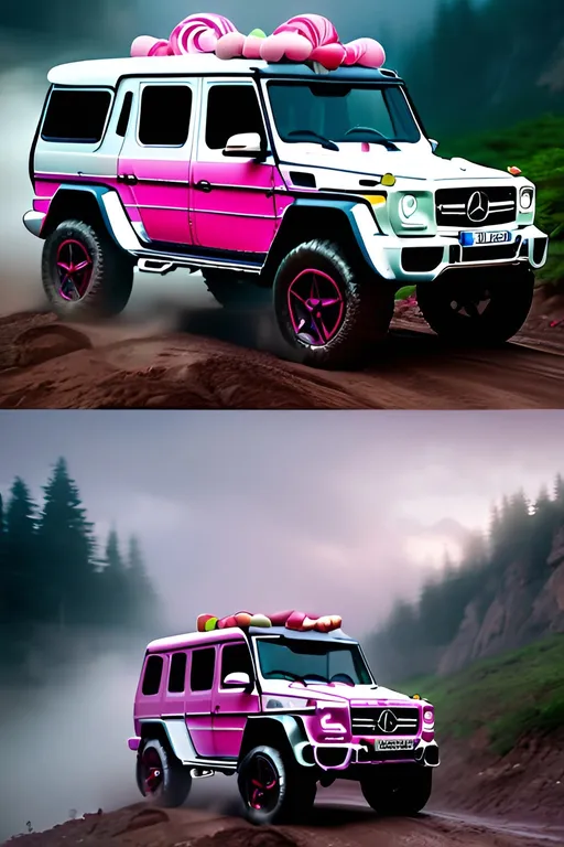 Prompt: Mercedes G-Wagen 6x6 offroading in Valentine's heart-shaped candy paint job, cinematic lighting, hard course, misty background, highres, detailed off-road, cinematic lighting, candy paint job, Valentine's theme, misty atmosphere