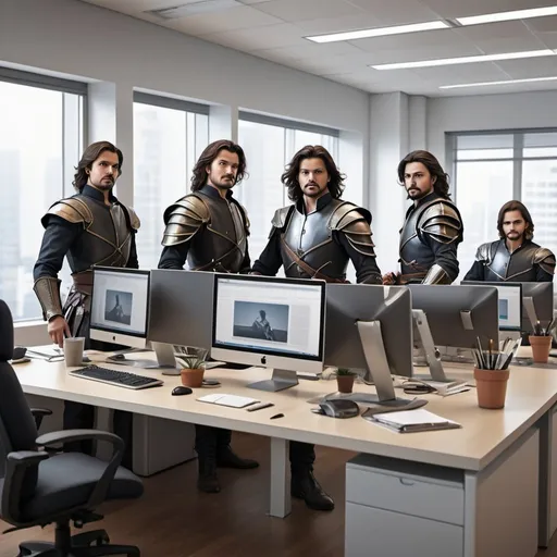 Prompt: Realistic illustration of five musketeers with swords working in an office, computer desks with monitors, modern office setting, diverse professionals in business attire, natural lighting, high quality, realism, office workplace, computer screens, contemporary, professional attire, diverse team, realistic lighting, realistic style, modern office interior, busy atmosphere, business professionals, detailed facial expressions, teamwork, natural colors