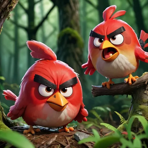 Prompt: create angry birds in a mythical forest with two boys as explorers