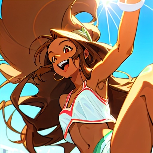 Prompt: Pretty tall tanned college aged woman with long brown hair laughing in the sun. With beautiful brown eyes