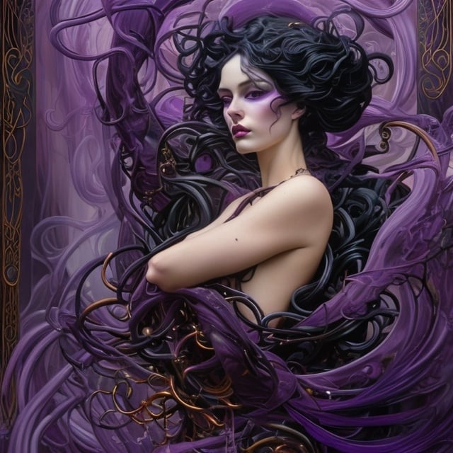 Prompt: Breathtaking painting of luminous woman entangled in black art nouveau ribbons, violet flowers, opulent, dreamy, purple leather clothing , ethereal, luxury, soft purple tones, violet hues, green hues, black hues, copper hues, concept art, 8k, art nouveau style , swirling smoke, detailed facial features, cosmic