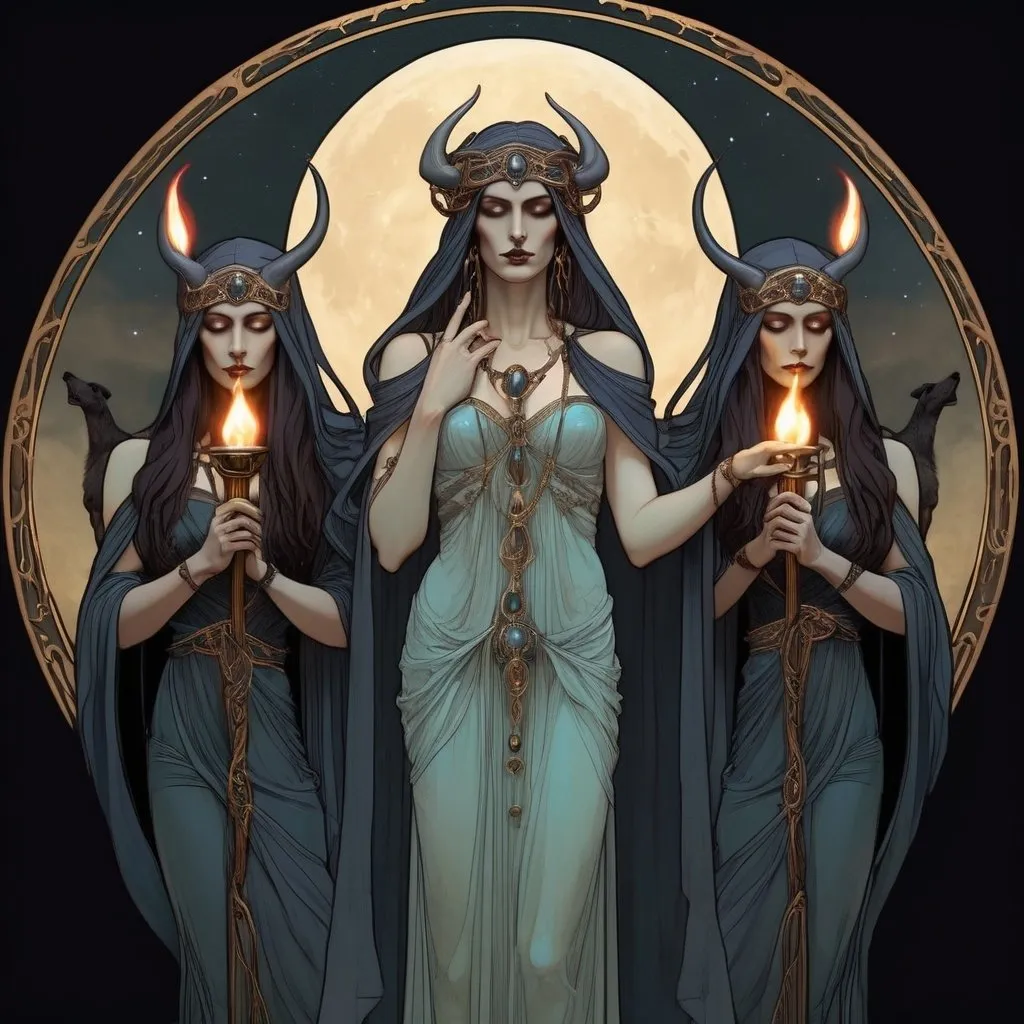 Prompt: Goddess Hekate, three faced goddess,   art nouveau, luminous, 8k, Waterhouse style, holding torches, black hounds, skulls, concept art, detailed facial features, flowing robes, ethereal lighting, glowing torches, iridescent color palette, mystical atmosphere, high detailed, elegant, mythical, intricate art nouveau design, crescent moons