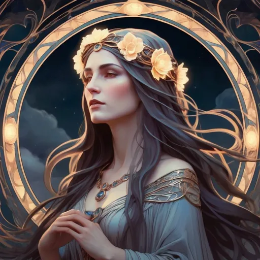 Prompt: Goddess Hekate in luminous art nouveau style, Waterhouse-inspired concept art, 8k, ultra-detailed, ethereal and flowing robes, intricate floral motifs, radiant and mystical aura, enchanting moonlit atmosphere, flowing long hair, soft and glowing lighting, luminous, art nouveau, detailed facial features, high quality, concept art, Waterhouse style, mystical color palette