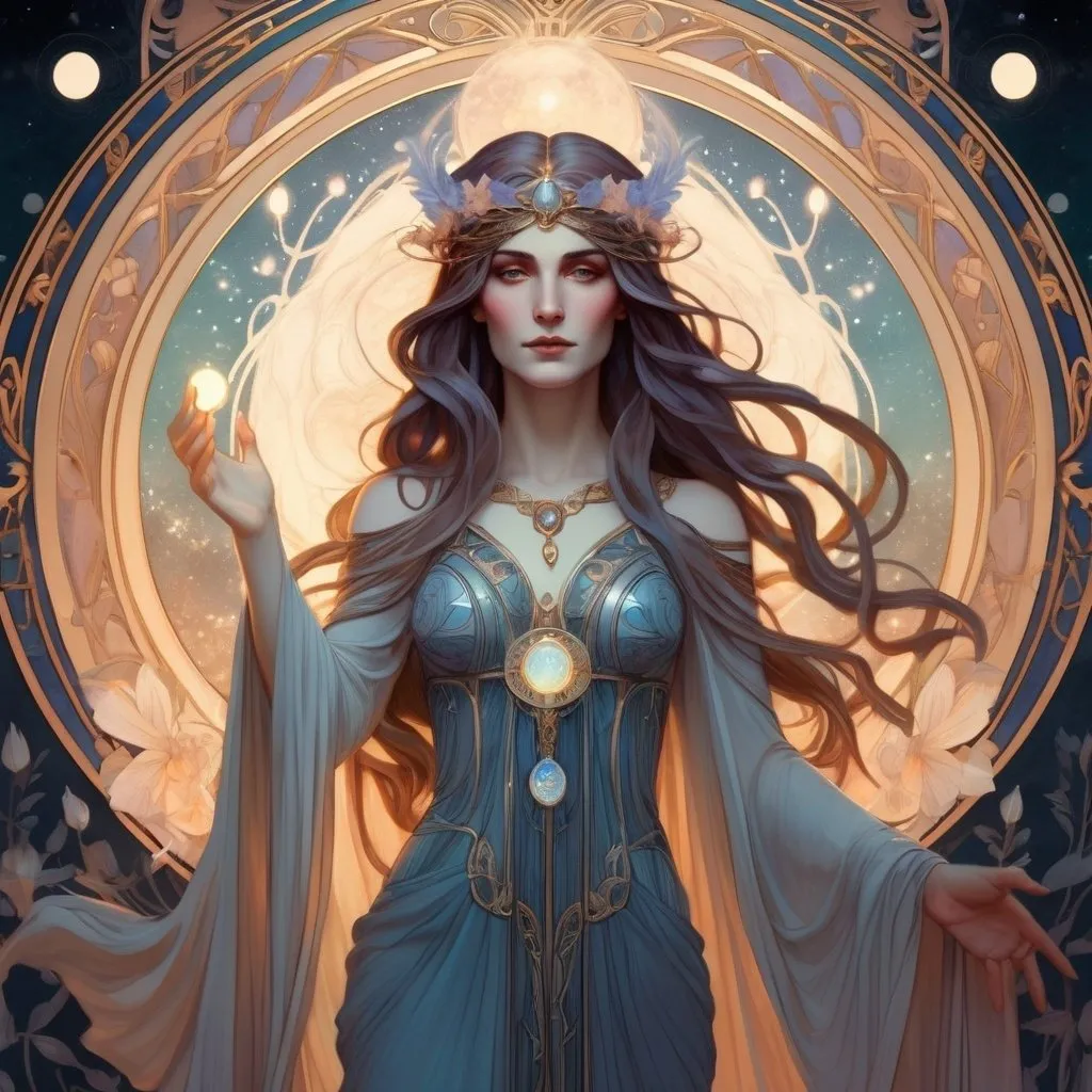 Prompt: Goddess Hekate in luminous art nouveau style, Waterhouse-inspired concept art, 8k, ultra-detailed, ethereal and flowing robes, intricate floral motifs, radiant and mystical aura, enchanting moonlit atmosphere, flowing long hair, soft and glowing lighting, luminous, art nouveau, detailed facial features, high quality, concept art, Waterhouse style, mystical color palette