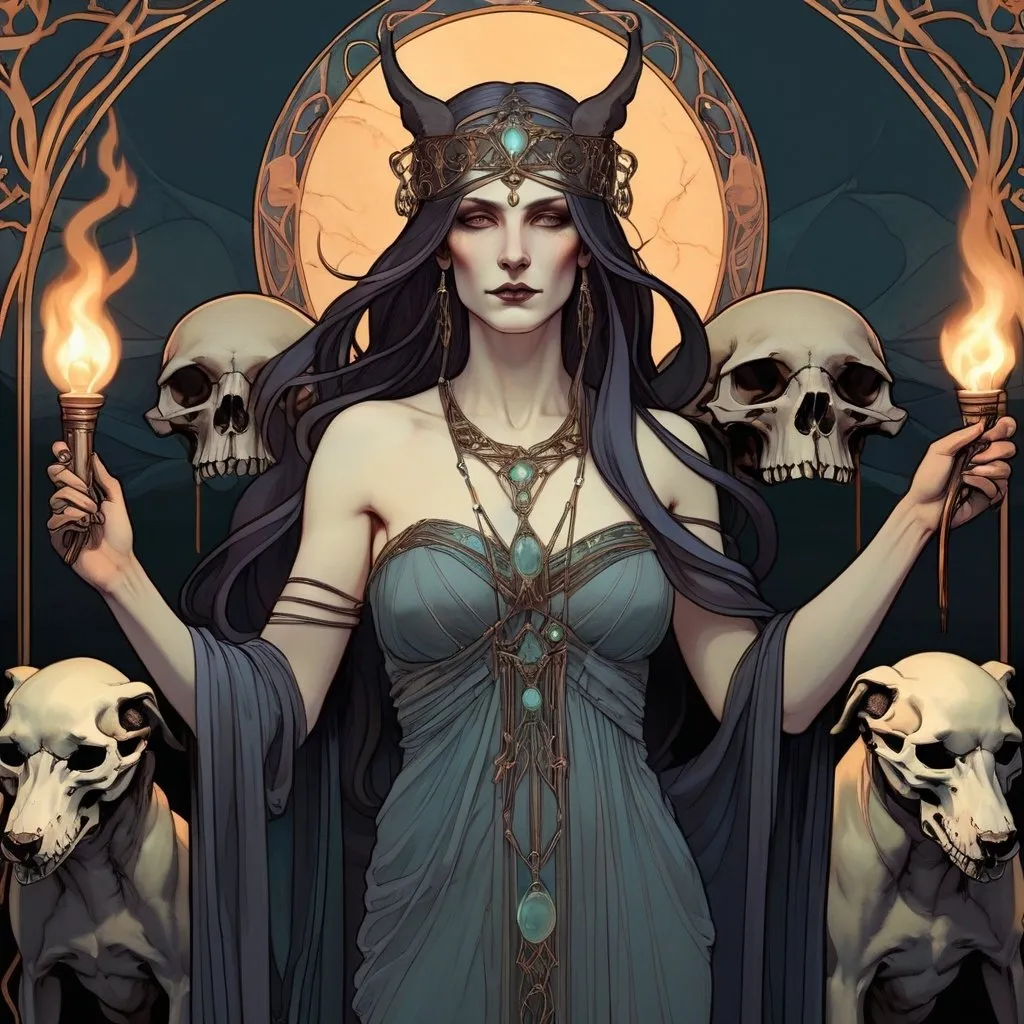 Prompt: Goddess Hekate, art nouveau, luminous, 8k, Waterhouse style, holding torches, black hounds, skulls, concept art, detailed facial features, flowing robes, ethereal lighting, glowing torches, iridescent color palette, mystical atmosphere, high detailed, elegant, mythical, intricate art nouveau design