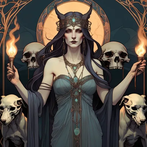 Prompt: Goddess Hekate, art nouveau, luminous, 8k, Waterhouse style, holding torches, black hounds, skulls, concept art, detailed facial features, flowing robes, ethereal lighting, glowing torches, iridescent color palette, mystical atmosphere, high detailed, elegant, mythical, intricate art nouveau design