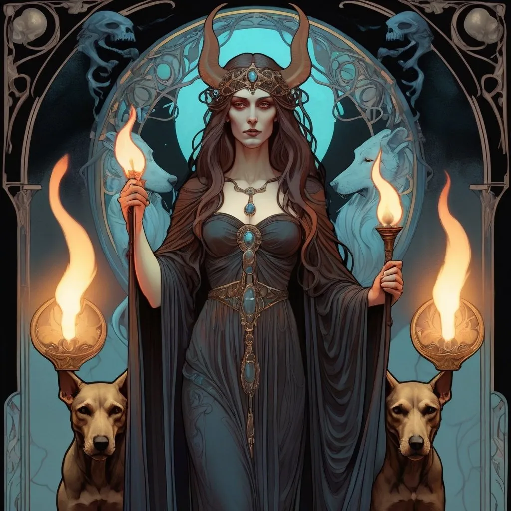 Prompt: Goddess Hekate, art nouveau, luminous, 8k, Waterhouse style, holding torches, black hounds, skulls, concept art, detailed facial features, flowing robes, ethereal lighting, glowing torches, iridescent color palette, mystical atmosphere, high detailed, elegant, mythical, intricate art nouveau design