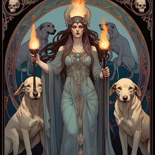 Prompt: Goddess Hekate, art nouveau, luminous, 8k, Waterhouse style, holding torches, hounds, skulls, concept art, detailed facial features, flowing robes, ethereal lighting, glowing torches, iridescent color palette, mystical atmosphere, high detailed, elegant, mythical, intricate art nouveau design